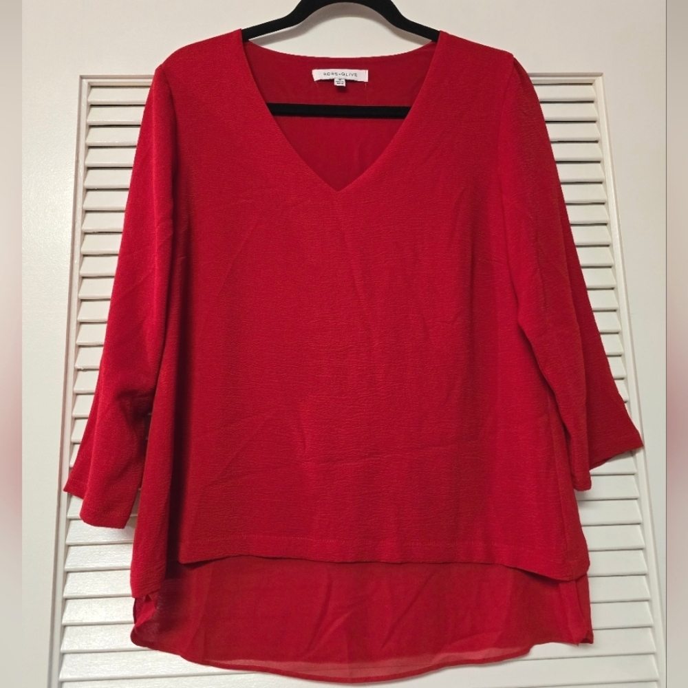 Rose + Olive - Red V-Neck Lightweight 3/4 Sleeves With Sheer Lining Top